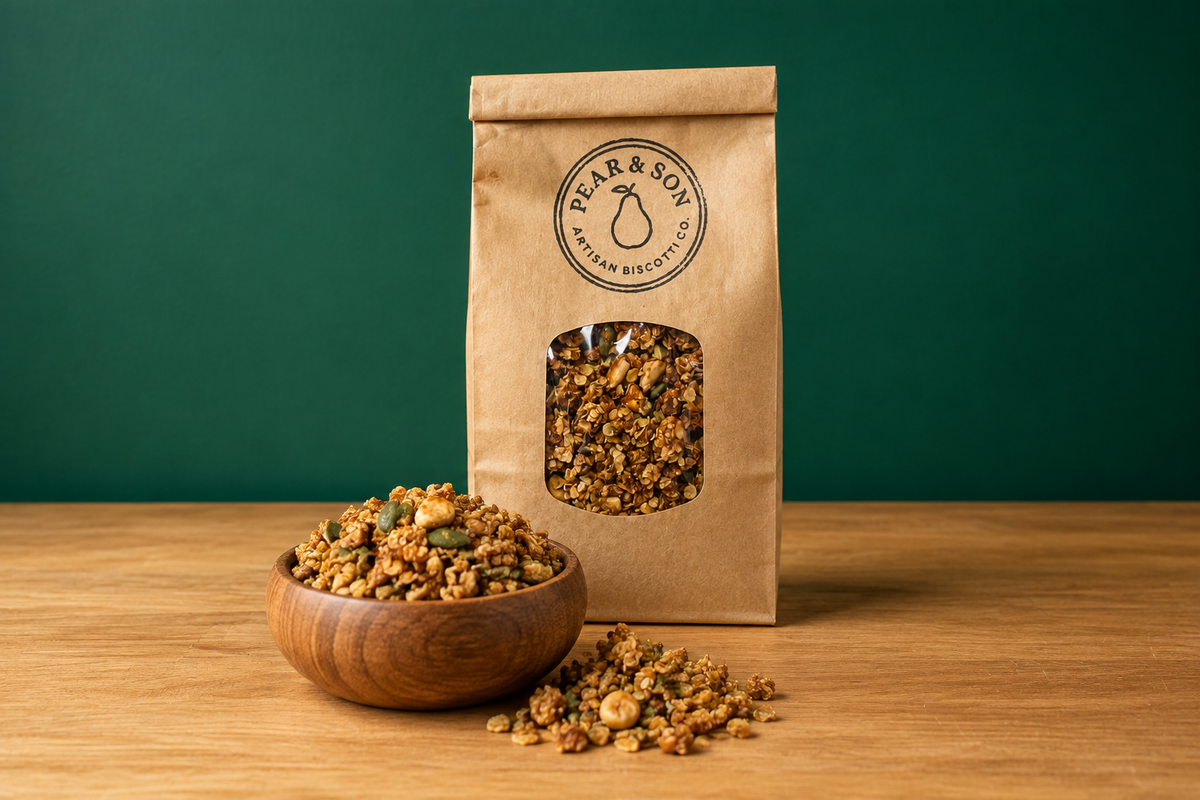 Branded granola bag and wooden bowl