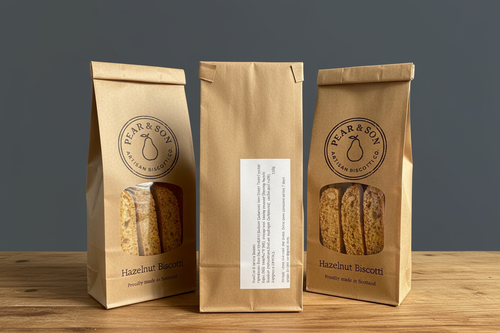 Hazelnut biscotti back labels on wooden surface with dark wall