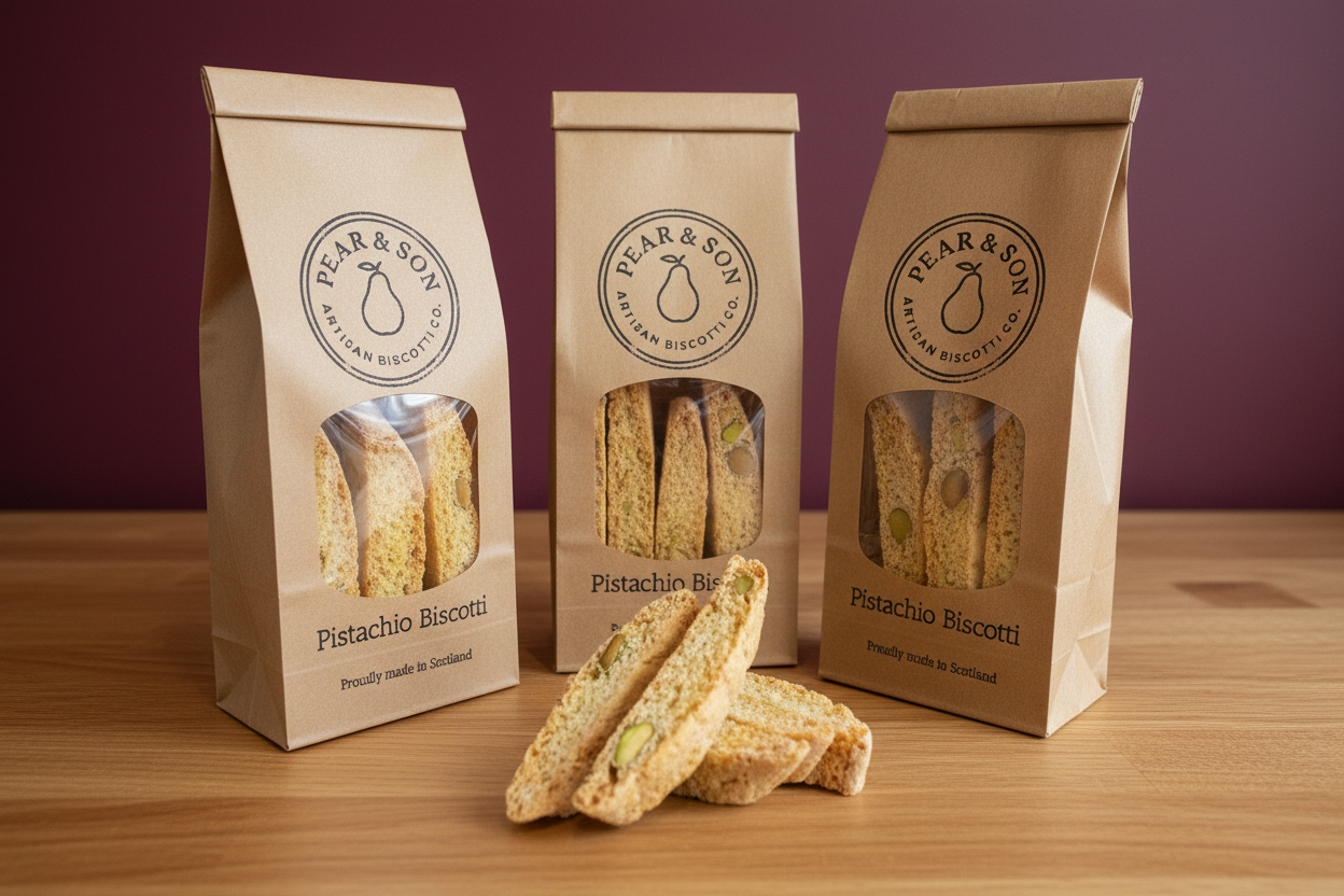 Pistachio biscotti bags with biscotti pieces on wooden surface with burgundy wall