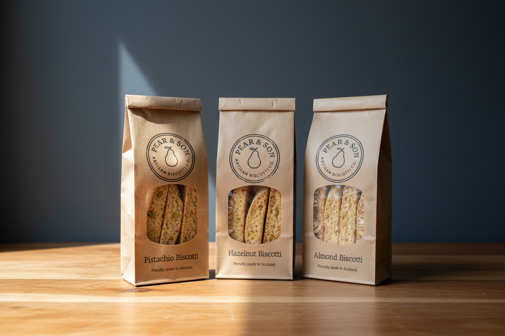 Assorted biscotti front - three kraft bags on wooden surface with dark wall
