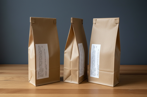 Assorted biscotti back labels on wooden surface with dark wall