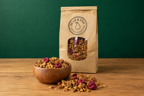 Pear & Son granola bag styled to match the biscotti photos